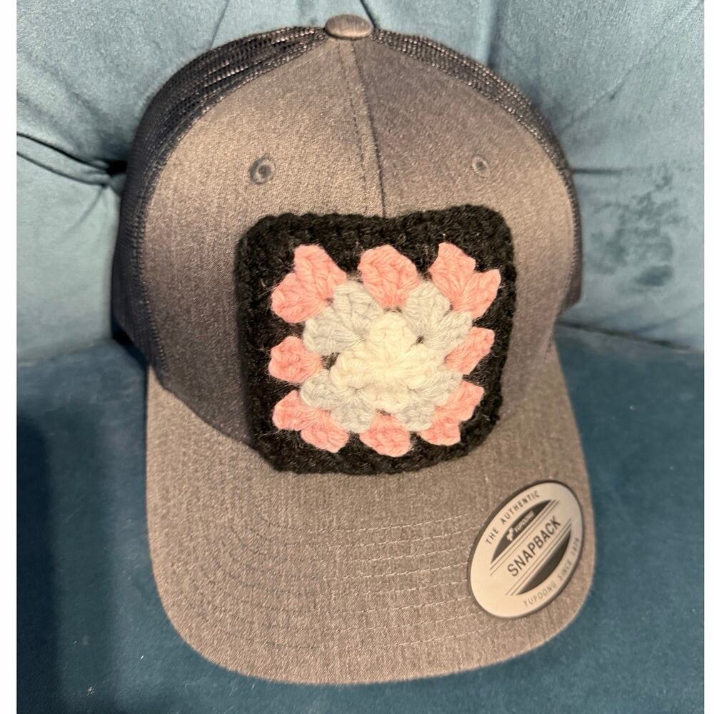 Granny Square Trucker Hat - Hand Crocheted Dark Gray NEW